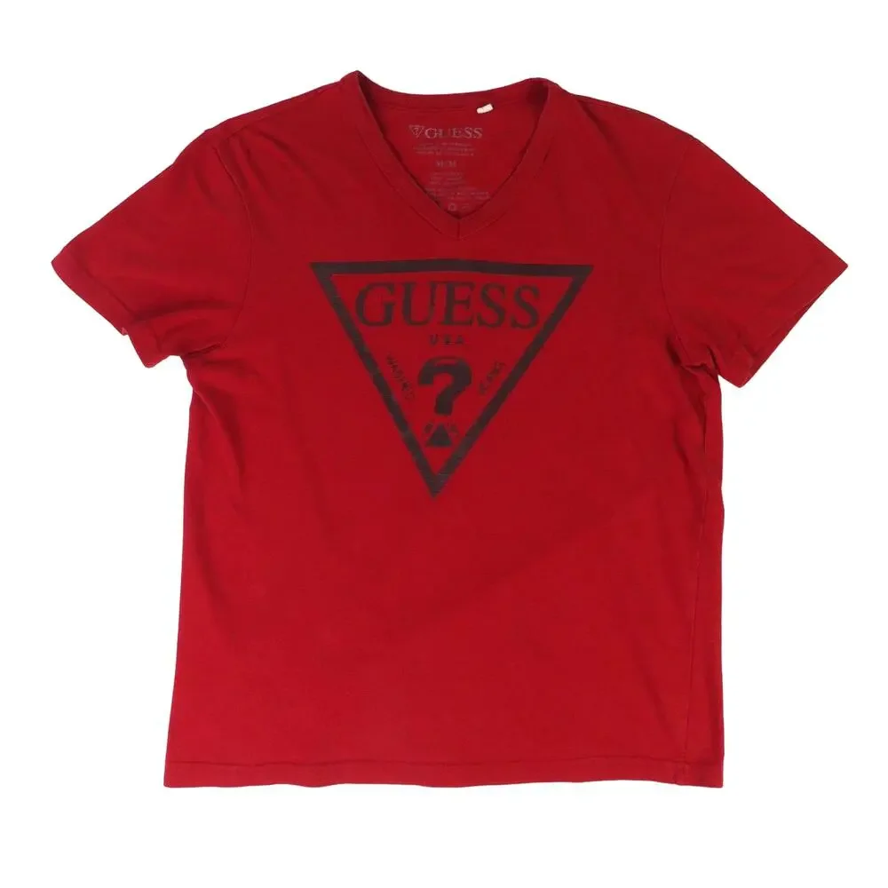 Guess Men's Red V-Neck Graphic Logo T-Shirt Fitted Cotton Tee Medium - Picture 2 of 6